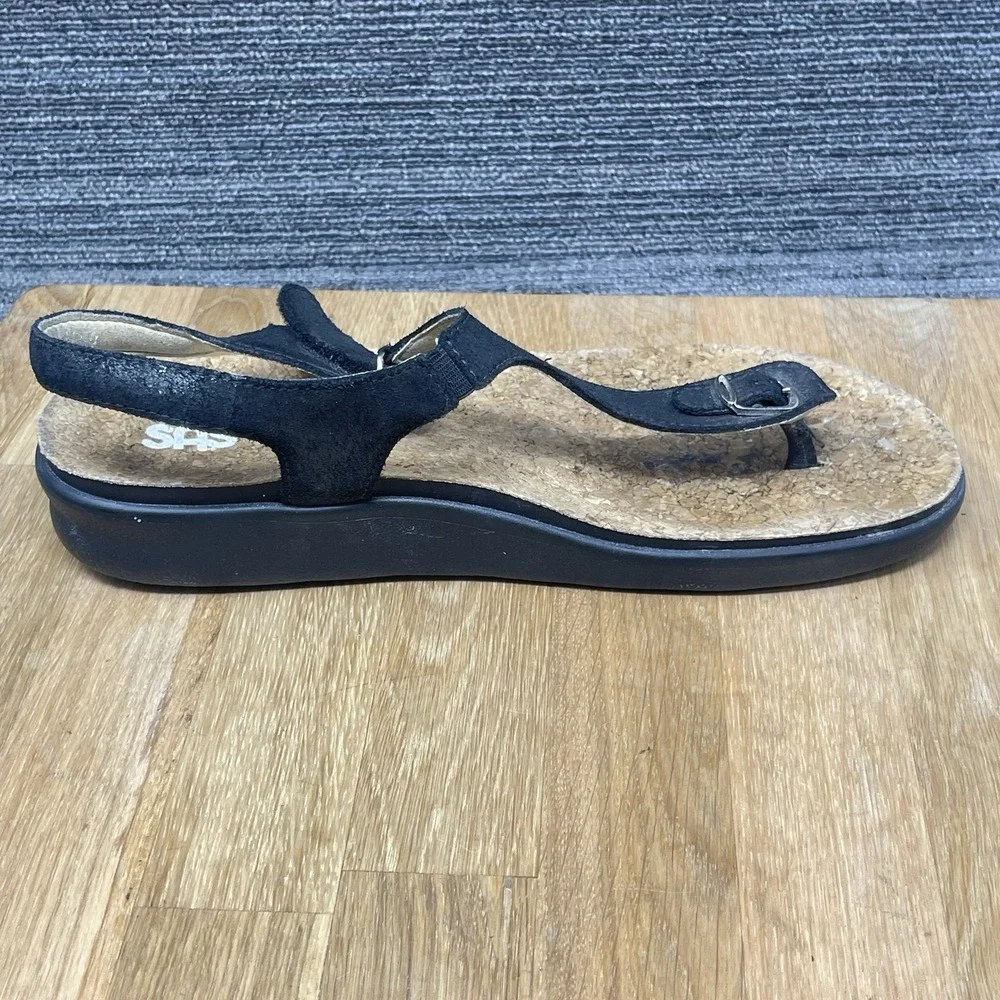 SAS Marina Sandals Womens 9.5 W Black Leather T-Strap Wide Cork Bed Thong Shoes‎